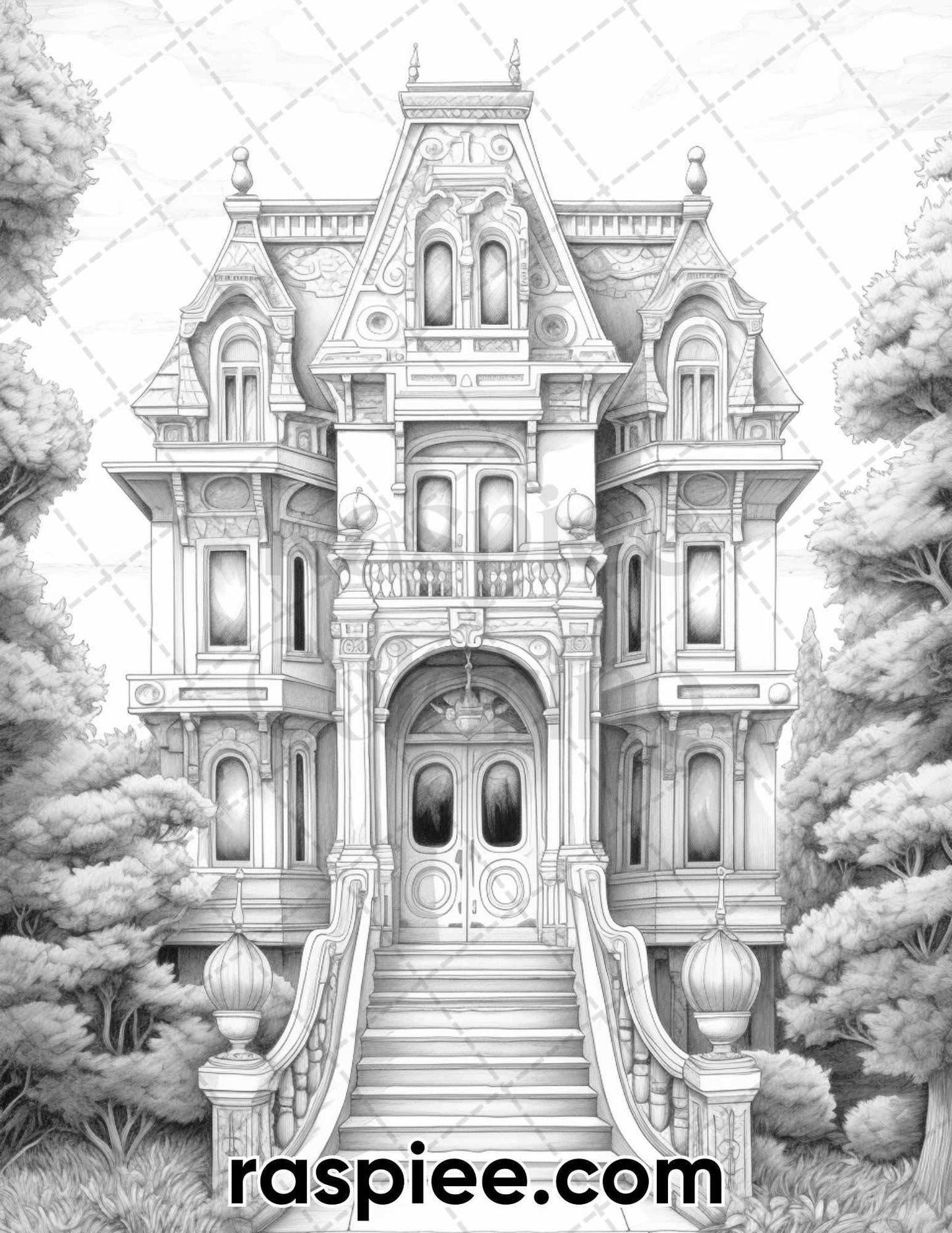 40 Victorian Mansions Grayscale Coloring Pages for Adults, Printable PDF Instant Download