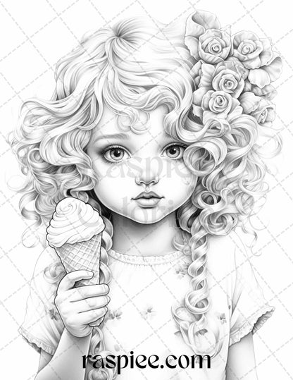 42 Adorable Girls with Ice Cream Grayscale Coloring Pages Printable for Adults Kids, PDF File Instant Download