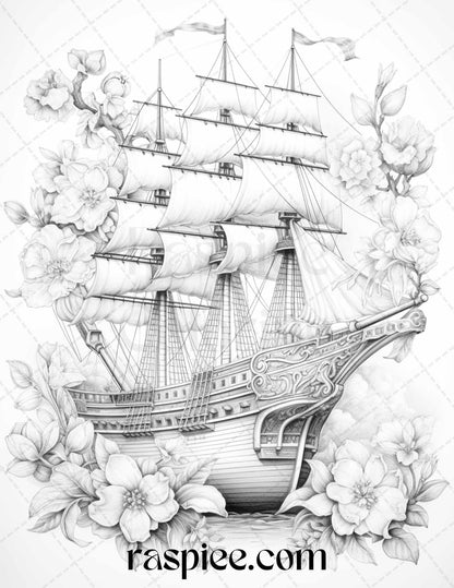 44 Flower Ships Graysale Coloring Pages Printable for Adults, PDF File Instant Download