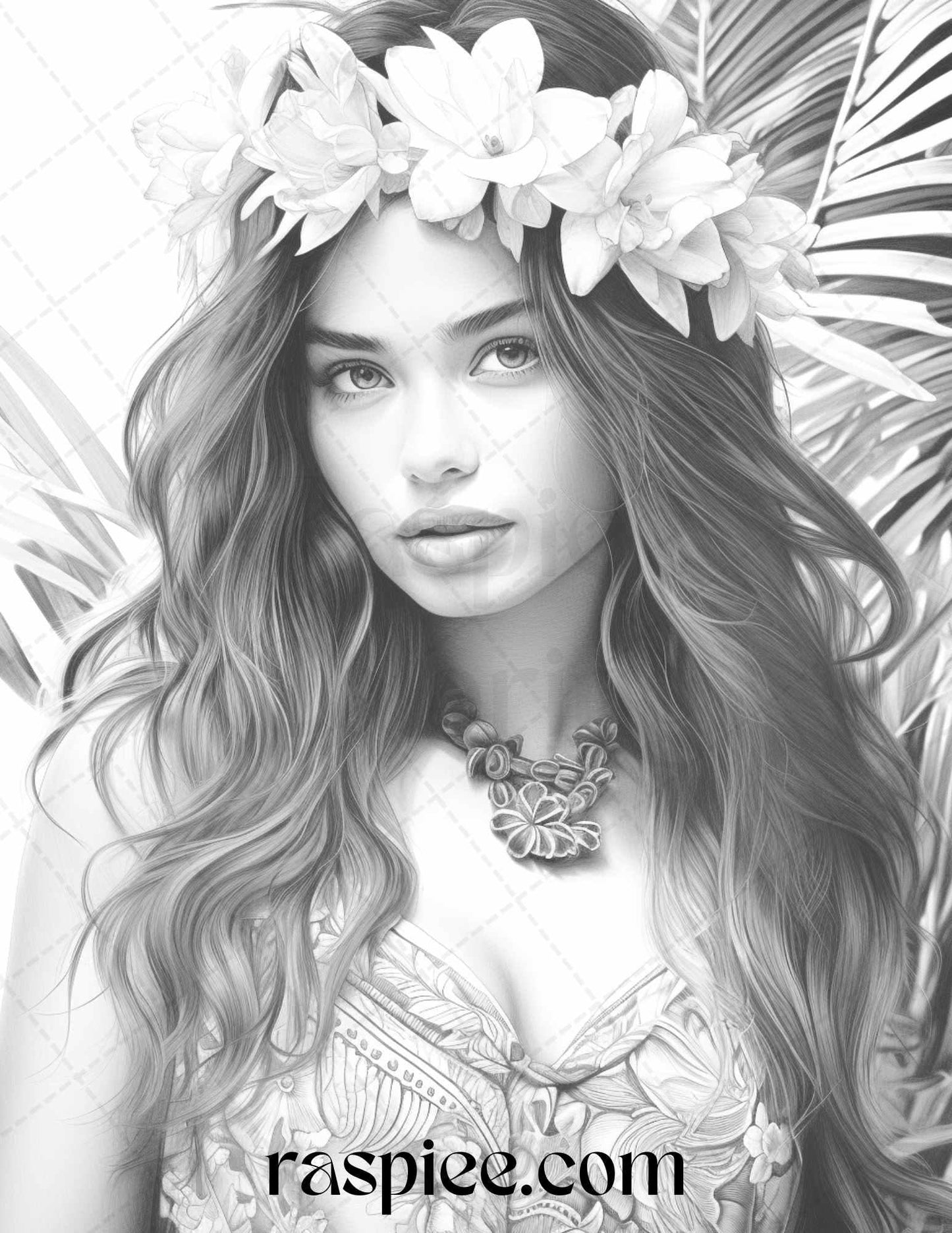 40 Hawaiian Girls Grayscale Coloring Pages Printable for Adults, PDF File Instant Download