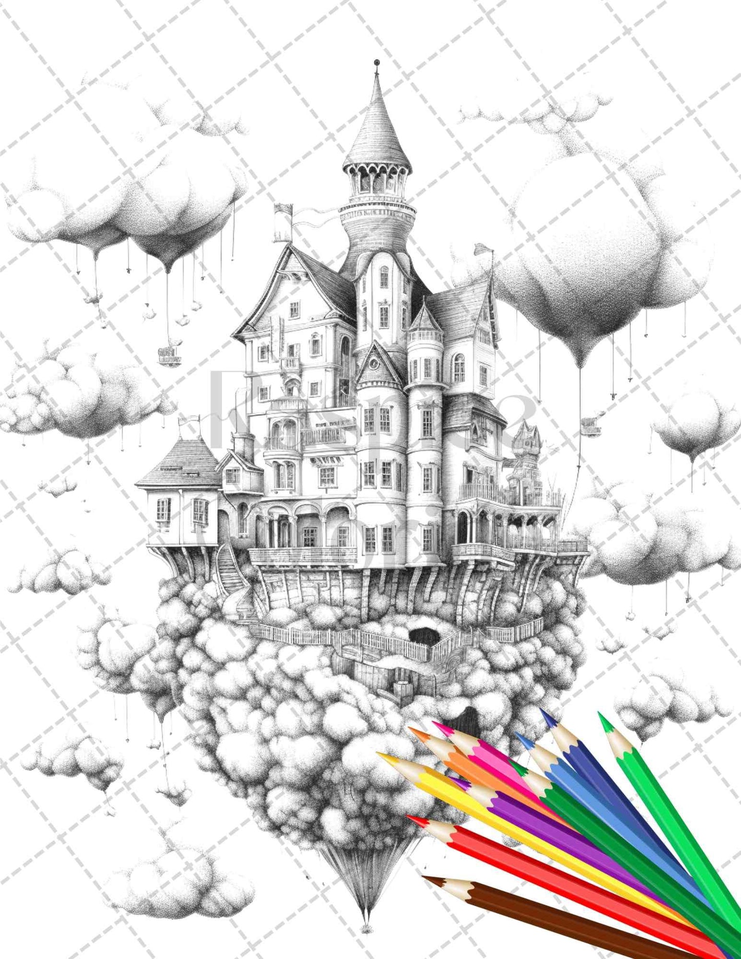 40 Fantasy Sky Houses Grayscale Coloring Pages Printable for Adults, PDF File Instant Download