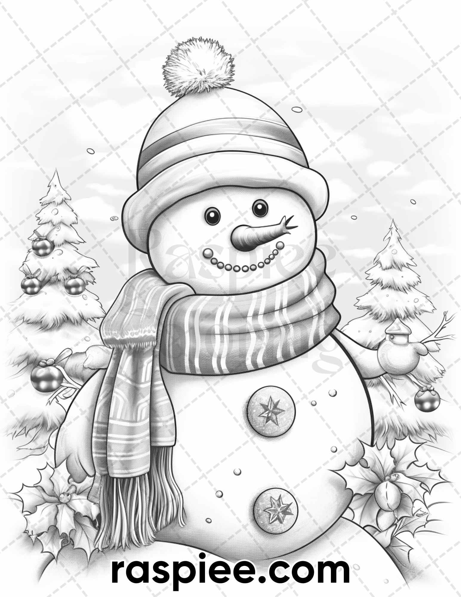 40 Chistmas Snowman Grayscale Coloring Pages for Adults, Printable PDF Instant Download