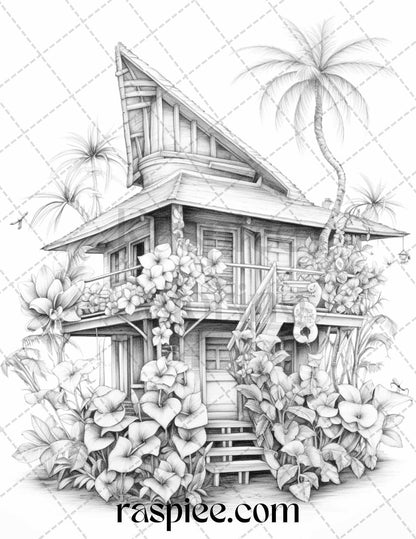 40 Hawaii Tiki Houses Grayscale Coloring Pages Printable for Adults, PDF File Instant Download