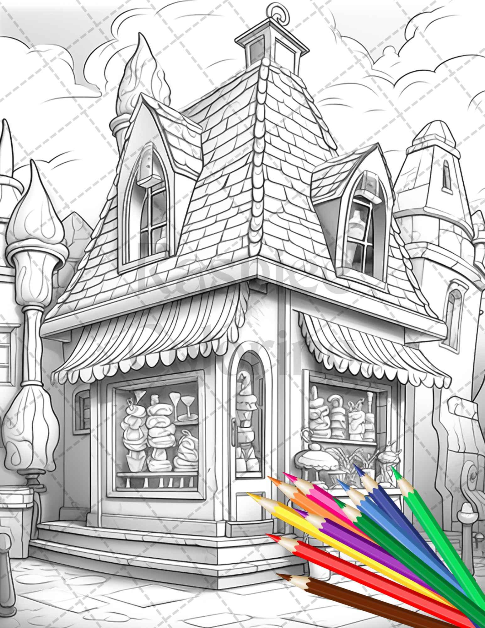 33 Ice Cream Houses Grayscale Coloring Pages Printable for Adults and Kids, PDF File Instant Download