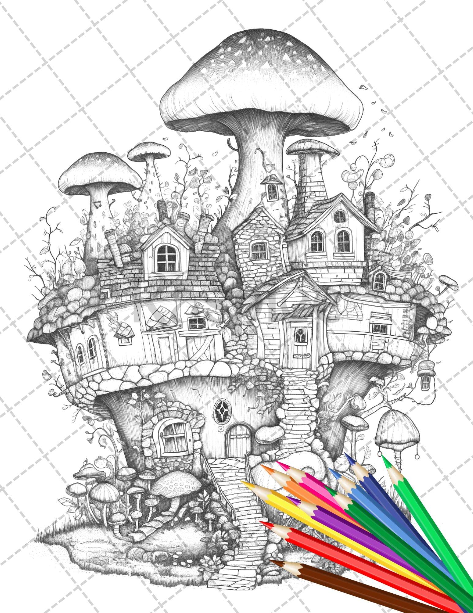 32 Whimsical Mushroom House Coloring Pages for Adults, Grayscale Coloring Book, Printable PDF File Download