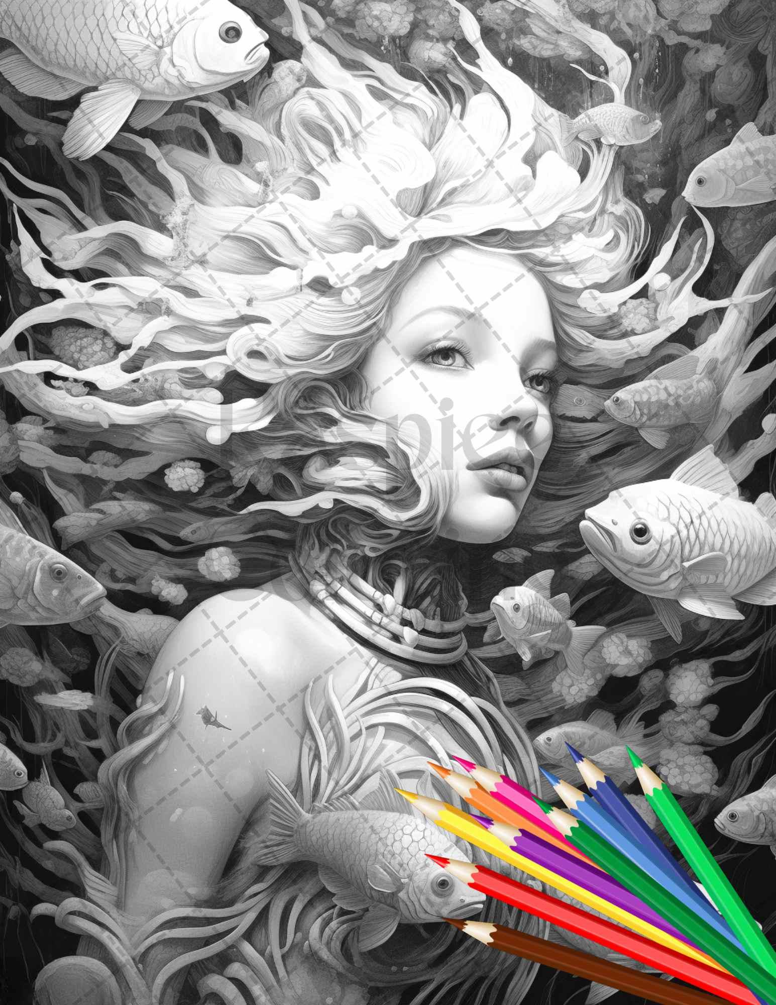 40 Enchanted Mermaid Grayscale Coloring Pages Printable for Adults, PDF File Instant Download