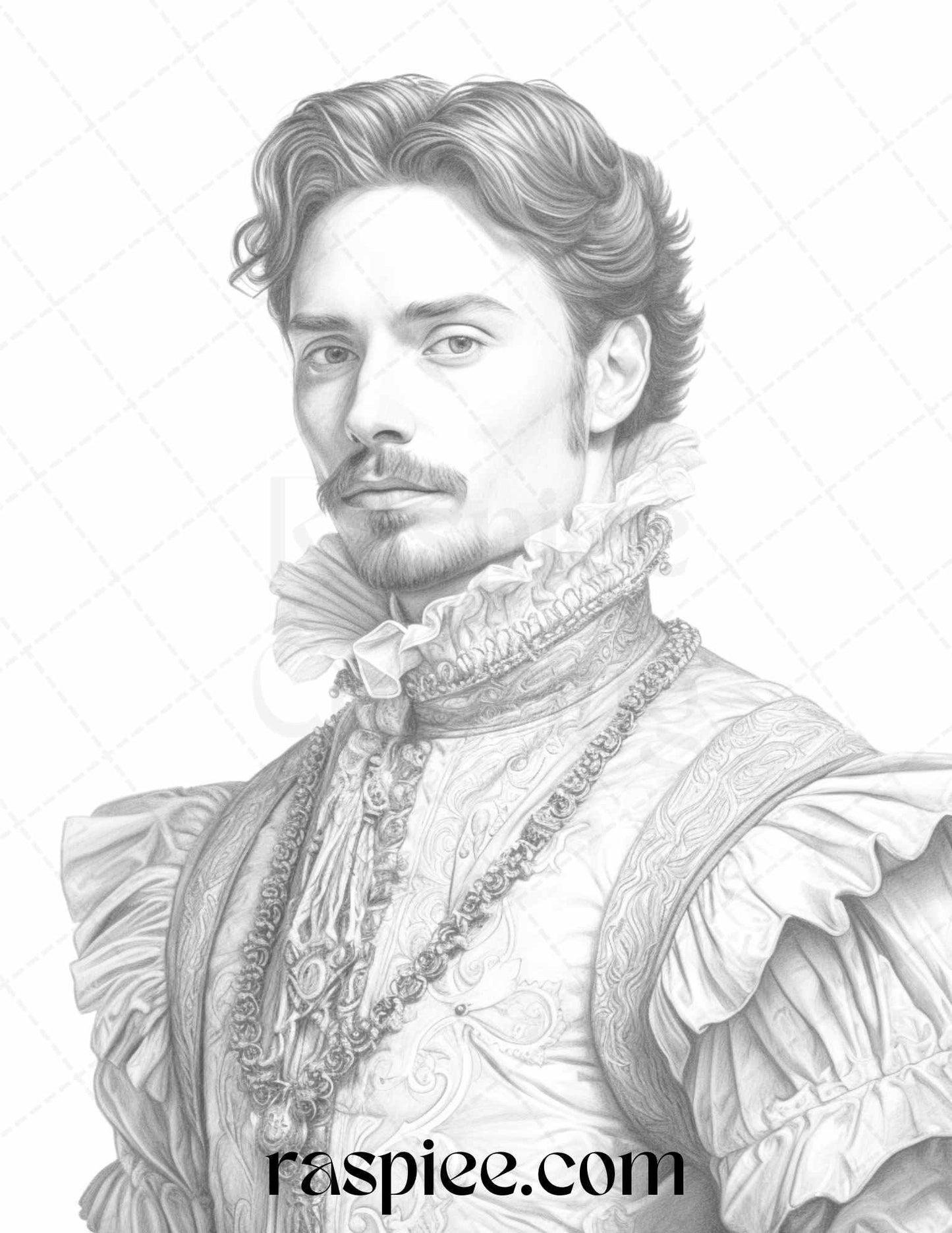 50 Baroque Man Portrait Grayscale Graysale Coloring Pages Printable for Adults, PDF File Instant Download