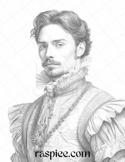 50 Baroque Man Portrait Grayscale Graysale Coloring Pages Printable for Adults, PDF File Instant Download