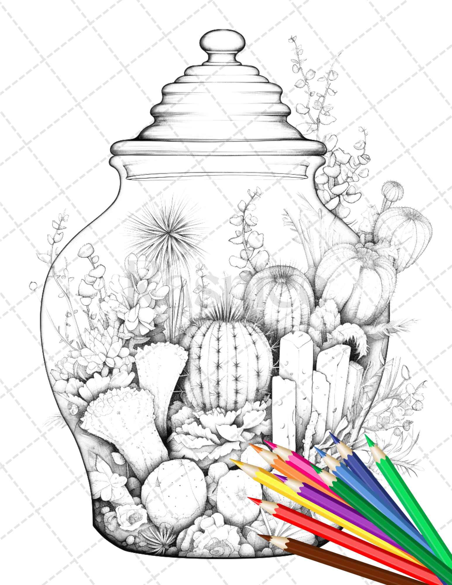 34 Enchanted Terrarium Grayscale Coloring Pages Printable for Adults, PDF File Instant Download