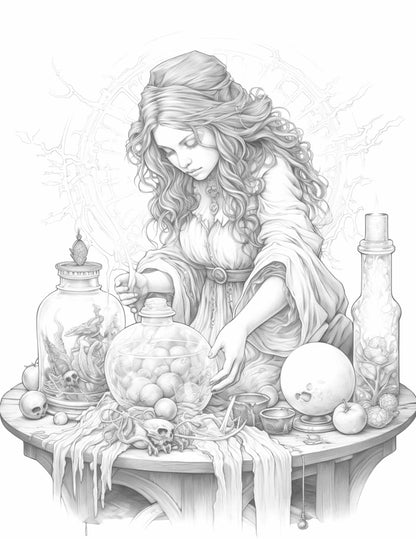 40 Witchy Land Grayscale Coloring Pages Printable for Adults, PDF File Instant Download