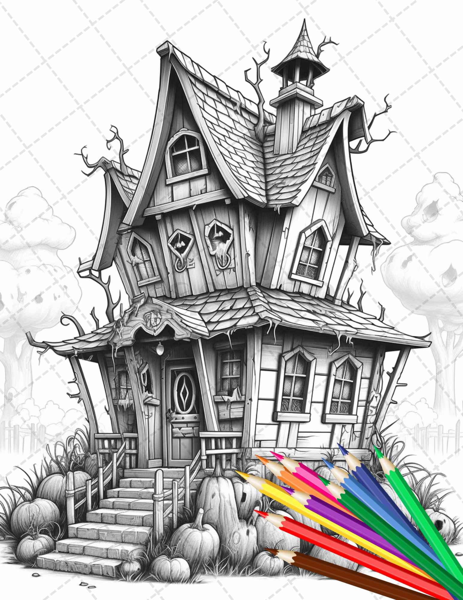 32 Spooky Houses Coloring Pages Printable for Adults, Grayscale Coloring Page, PDF File Instant Download