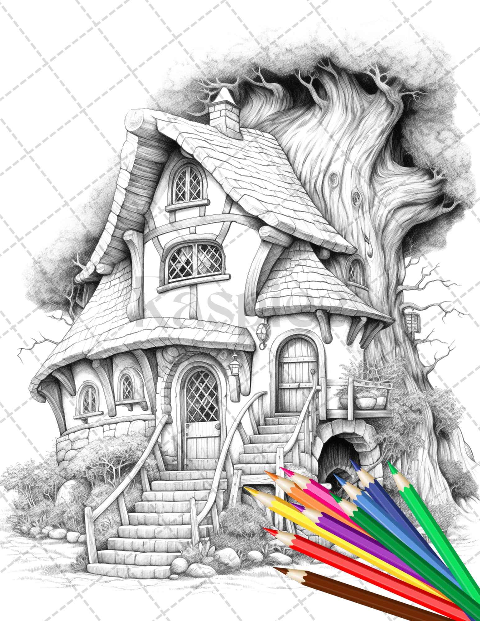 43 Enchanted Hobbiton Houses Grayscale Coloring Pages Printable for Adults, PDF File Instant Download