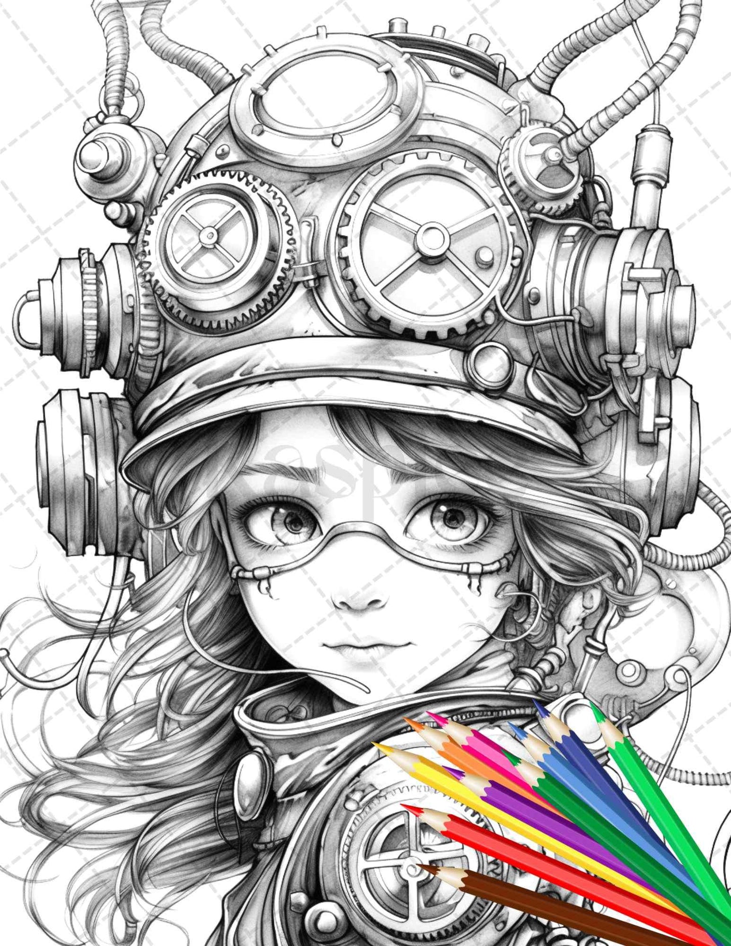 31 Adorable Steampunk Girls Coloring Pages Printable for Adults, Grayscale Coloring Page, PDF File Instant Download