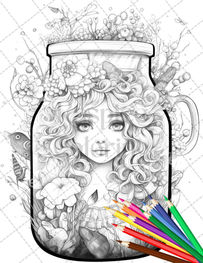 40 Beautiful Fairies in Jar Grayscale Coloring Pages Printable for Adults, PDF File Instant Download