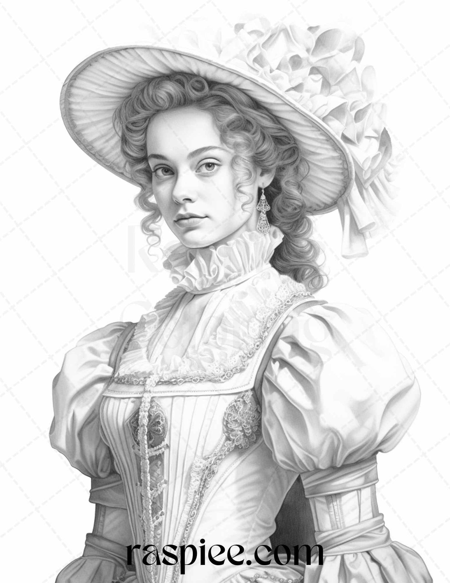 40 Baroque Women Portrait Grayscale Adult Coloring Pages Printable, PDF File Instant Download