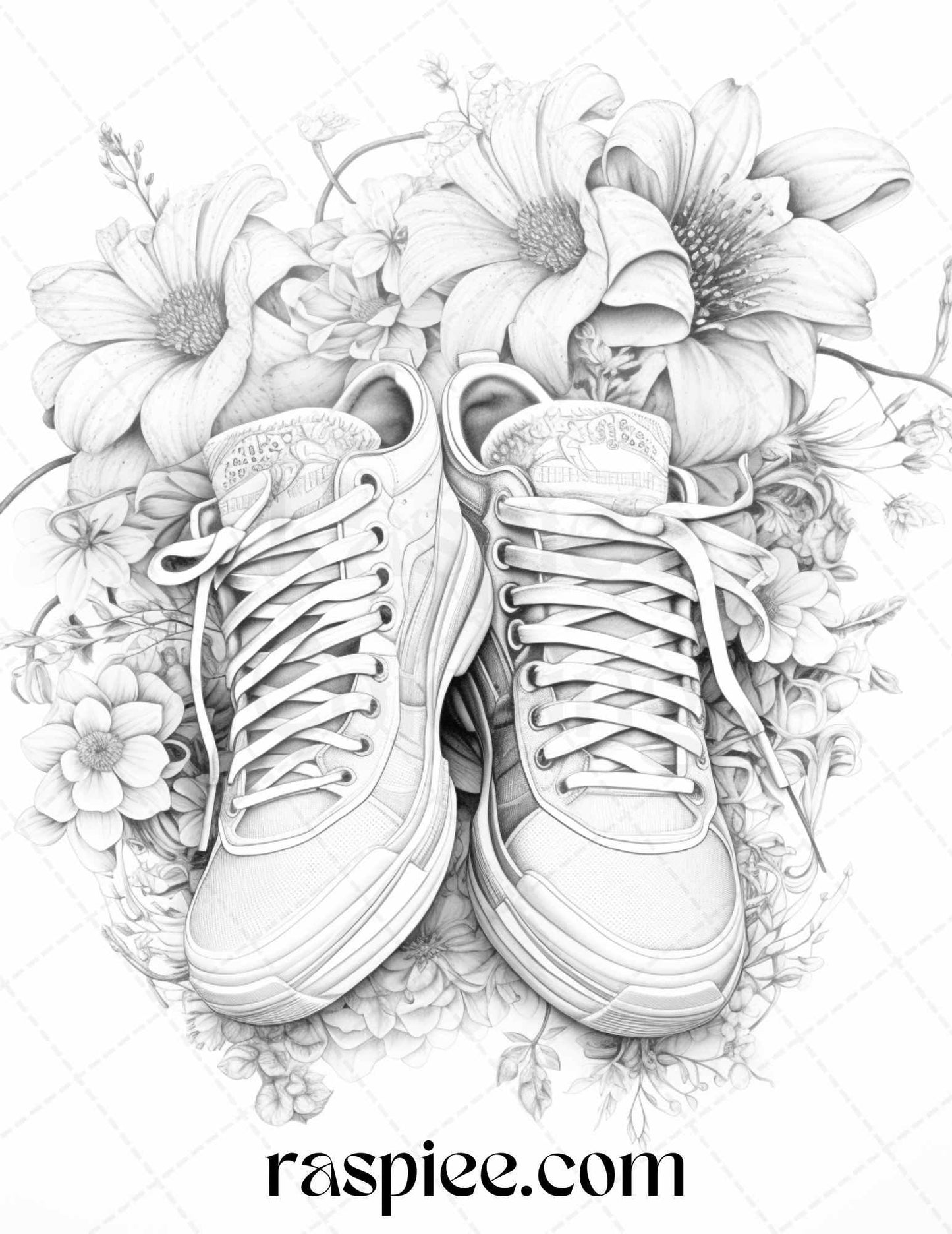 40 Flower Sneakers Grayscale Coloring Pages Printable for Adults, PDF File Instant Download