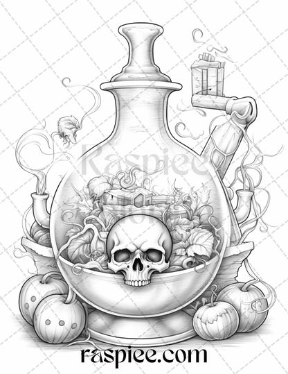 40 Mystical Magic Potions Grayscale Coloring Pages Printable for Adults, PDF File Instant Download