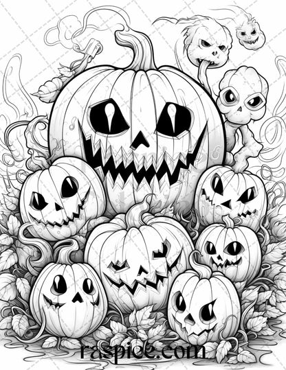 40 Halloween Creepy Kawaii Grayscale Coloring Pages for Adults and Kids, Printable PDF File Instant Download