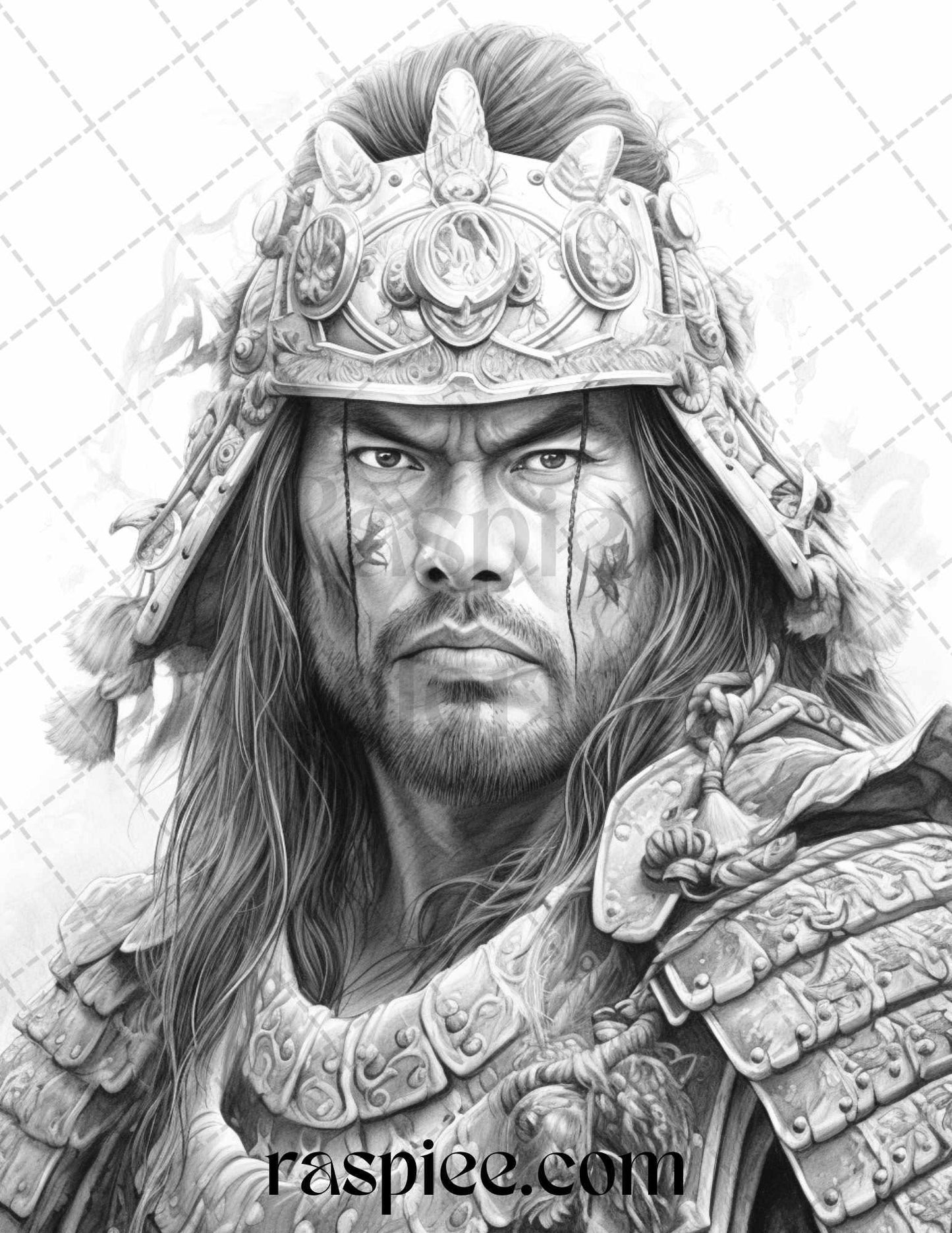 42 Japanese Samurai Grayscale Coloring Pages for Adults, Printable PDF File Instant Download