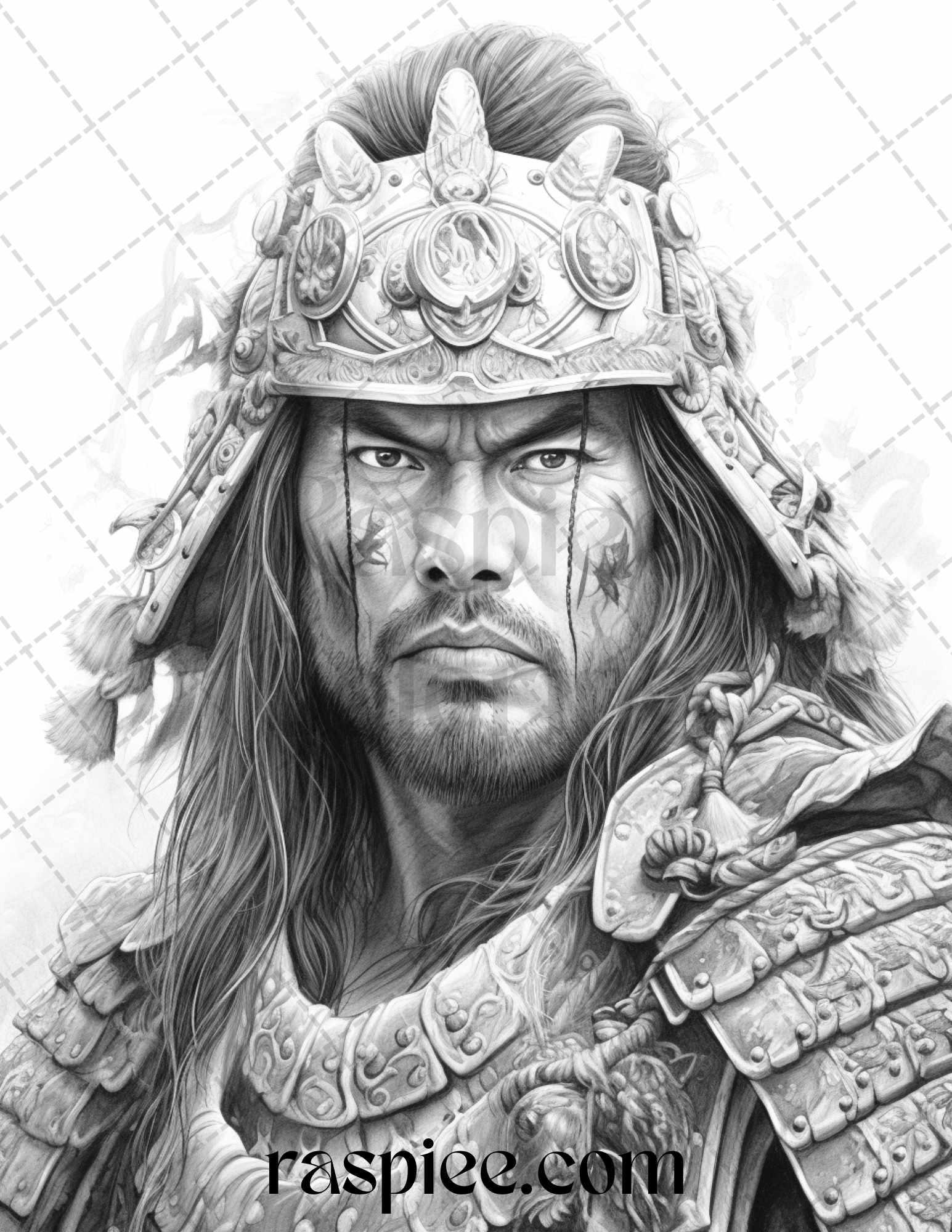 42 Japanese Samurai Grayscale Coloring Pages for Adults, Printable PDF File Instant Download