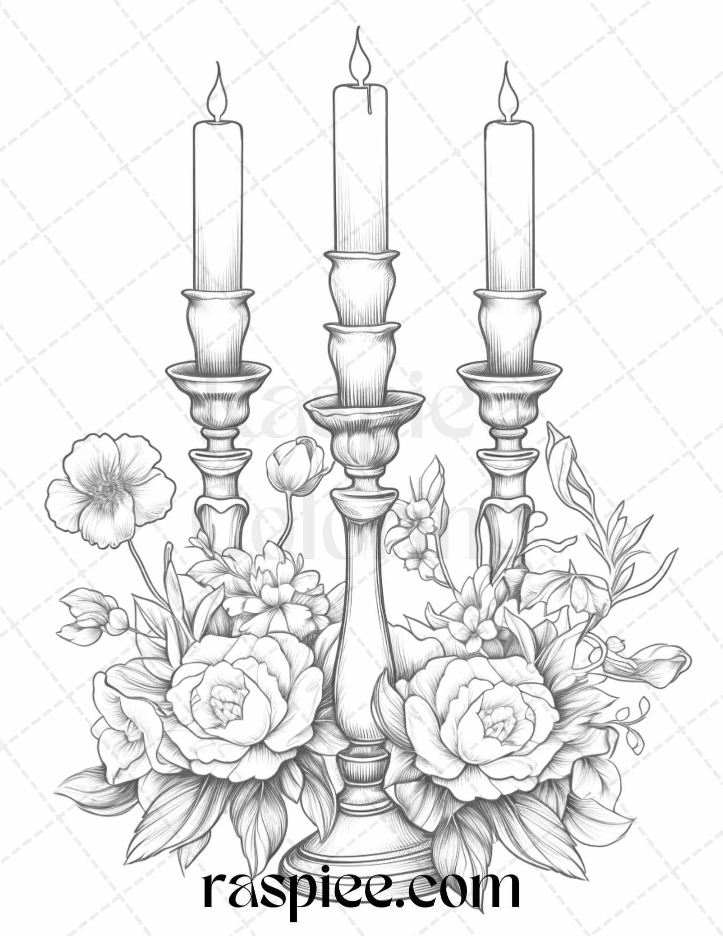 40 Flower Candles Grayscale Coloring Pages Printable for Adults, PDF File Instant Download