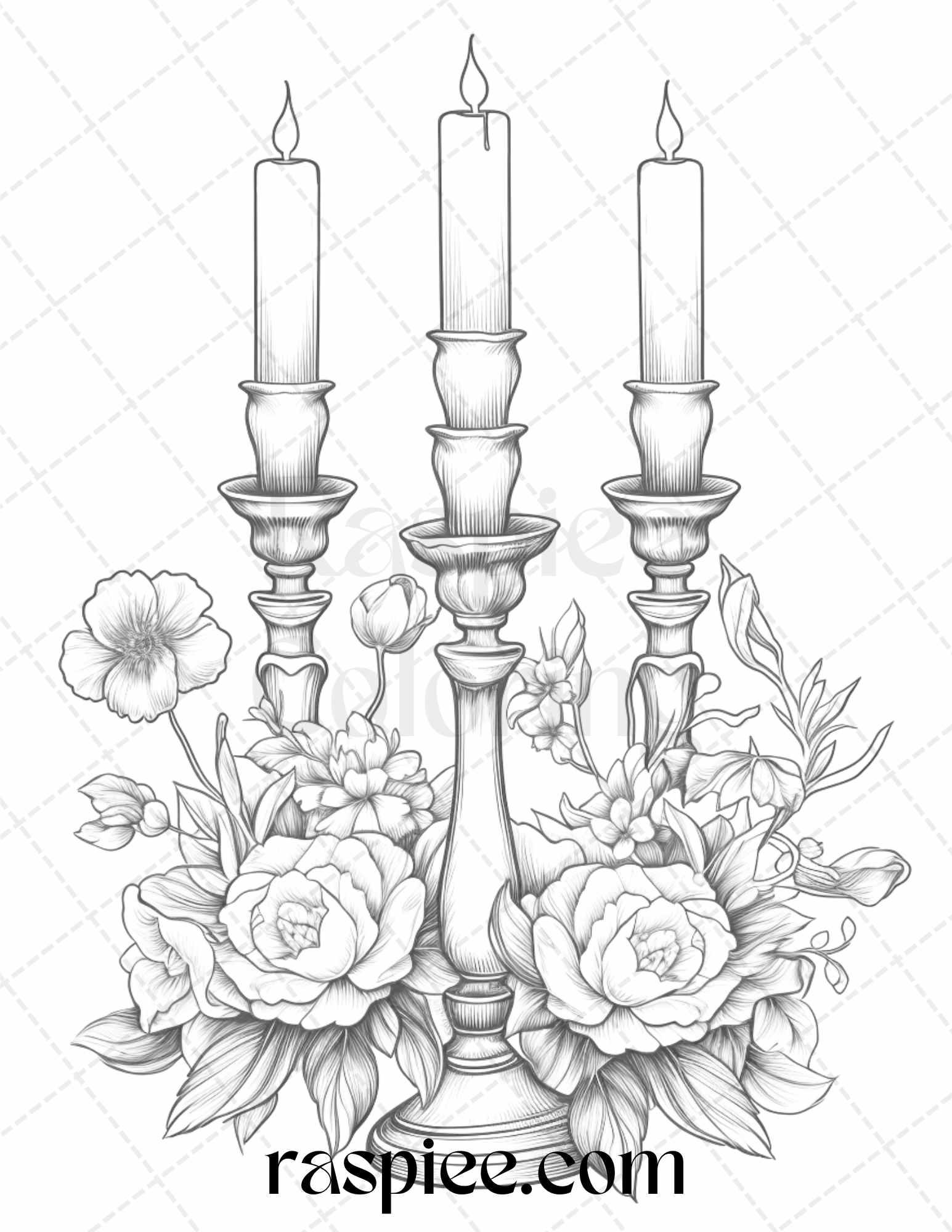 40 Flower Candles Grayscale Coloring Pages Printable for Adults, PDF File Instant Download