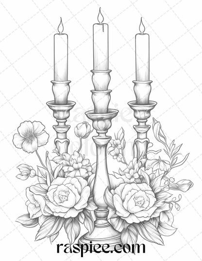 40 Flower Candles Grayscale Coloring Pages Printable for Adults, PDF File Instant Download