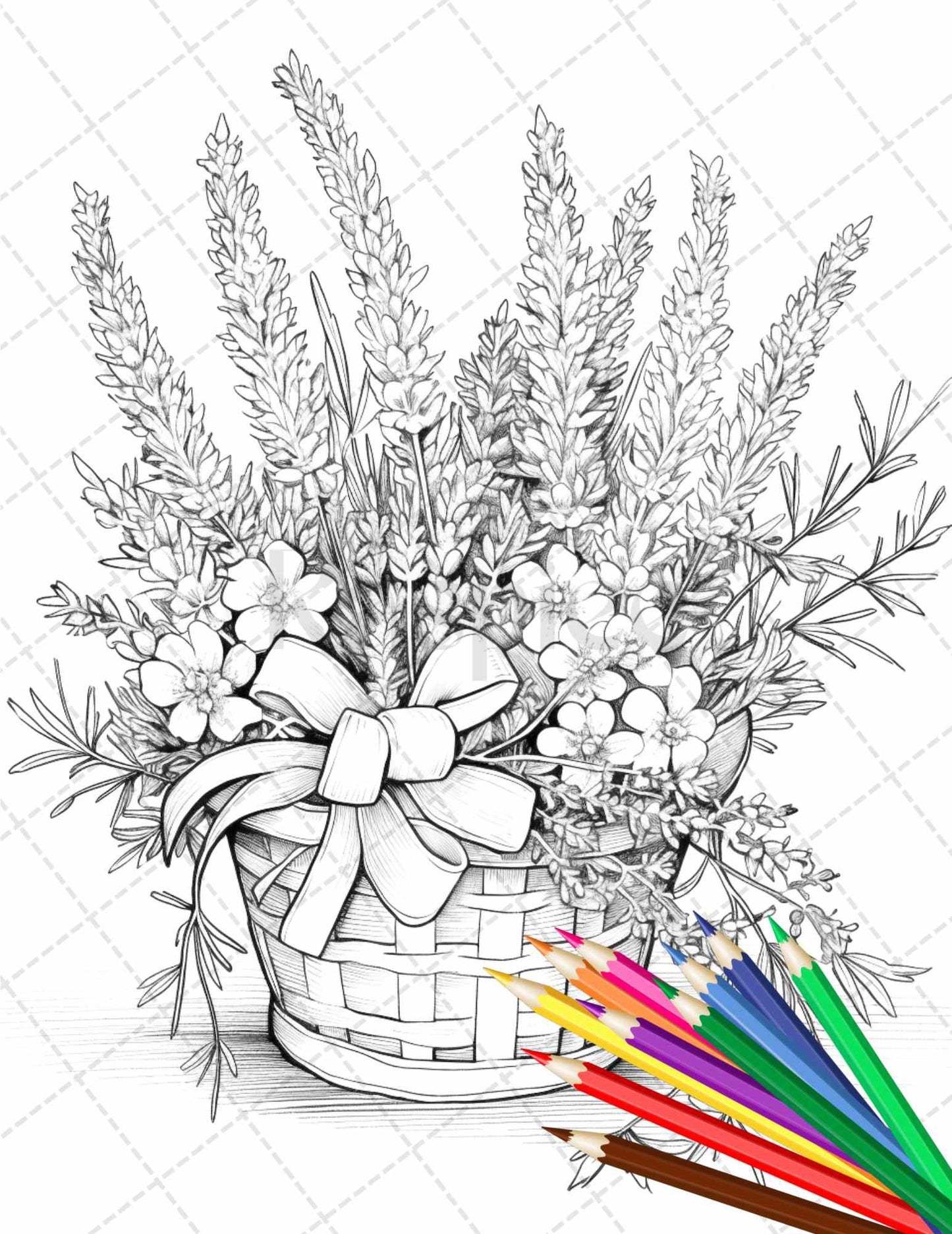 30 Flower Baskets Grayscale Coloring Pages for Adults, PDF File Instant Download