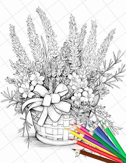 30 Flower Baskets Grayscale Coloring Pages for Adults, PDF File Instant Download