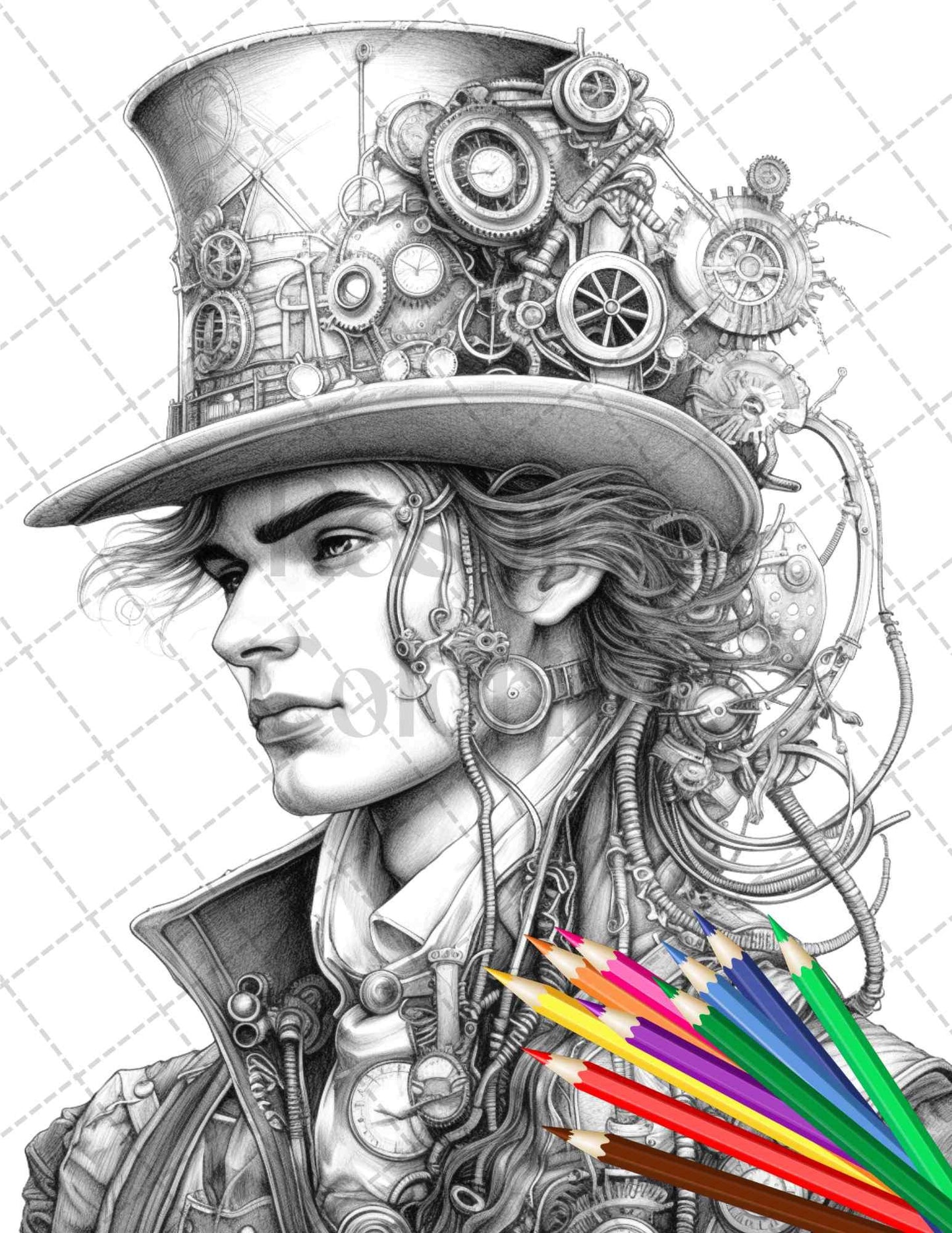 42 Steampunk Mens Grayscale Coloring Pages Printable for Adults, PDF File Instant Download