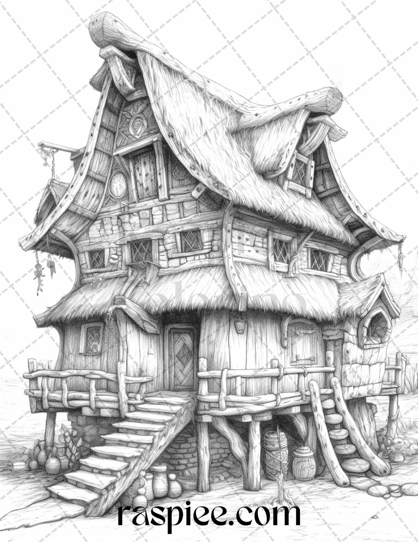 40 Viking Houses Grayscale Coloring Pages Printable for Adults, PDF File Instant Download