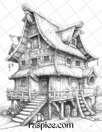 40 Viking Houses Grayscale Coloring Pages Printable for Adults, PDF File Instant Download