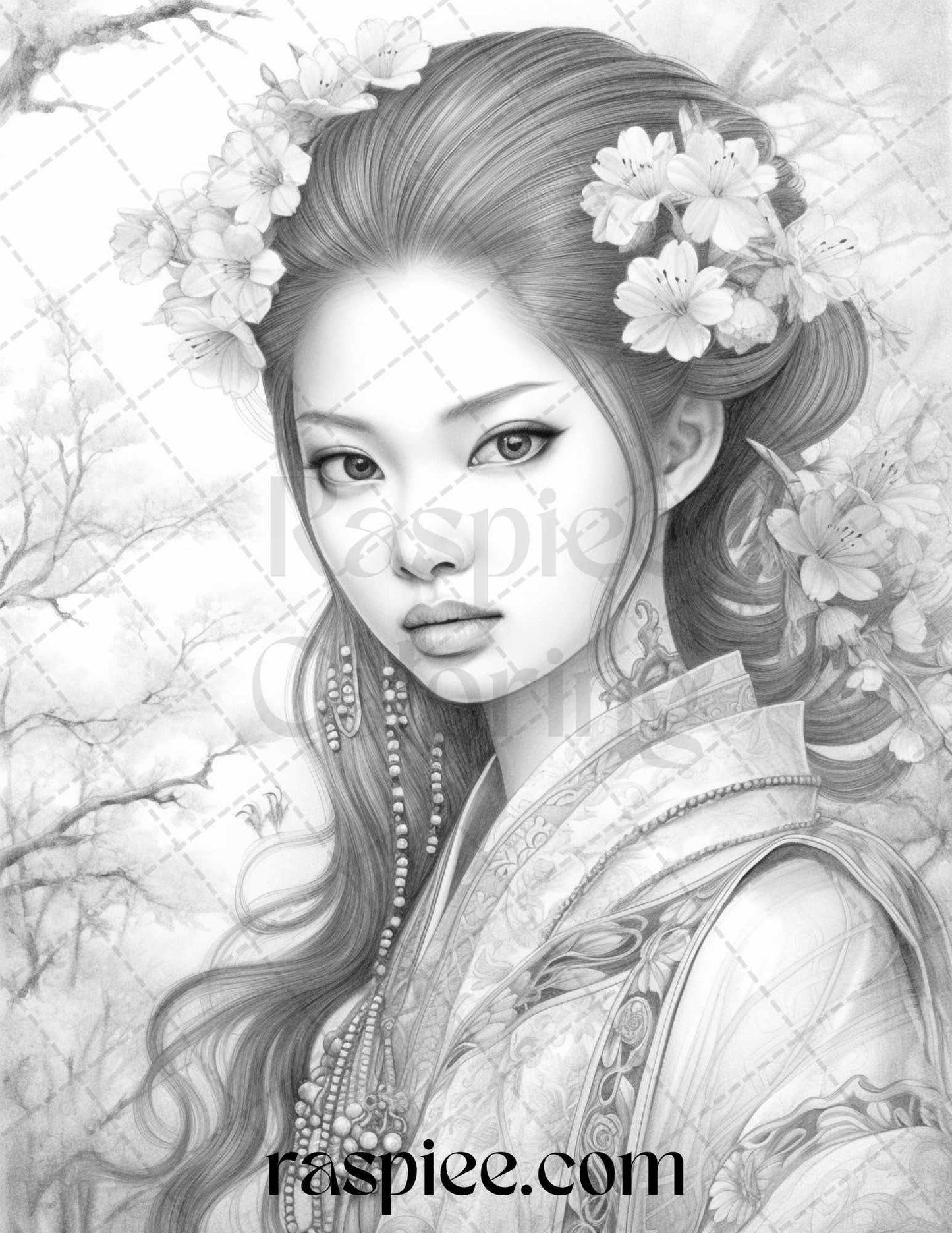 40 Beautiful Japanese Girls Grayscale Coloring Pages Printable for Adults, PDF File Instant Download