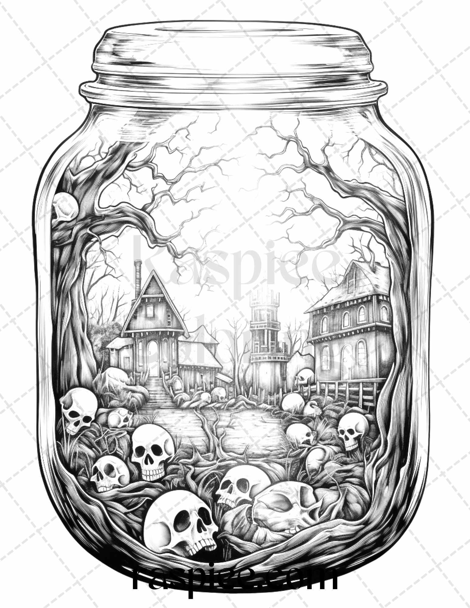 40 Halloween in Jar Grayscale Coloring Pages for Adults, Printable PDF File Instant Download