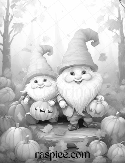 40 Fall Gnomes Grayscale Coloring Pages Printable for Adults Kids, PDF File Instant Download