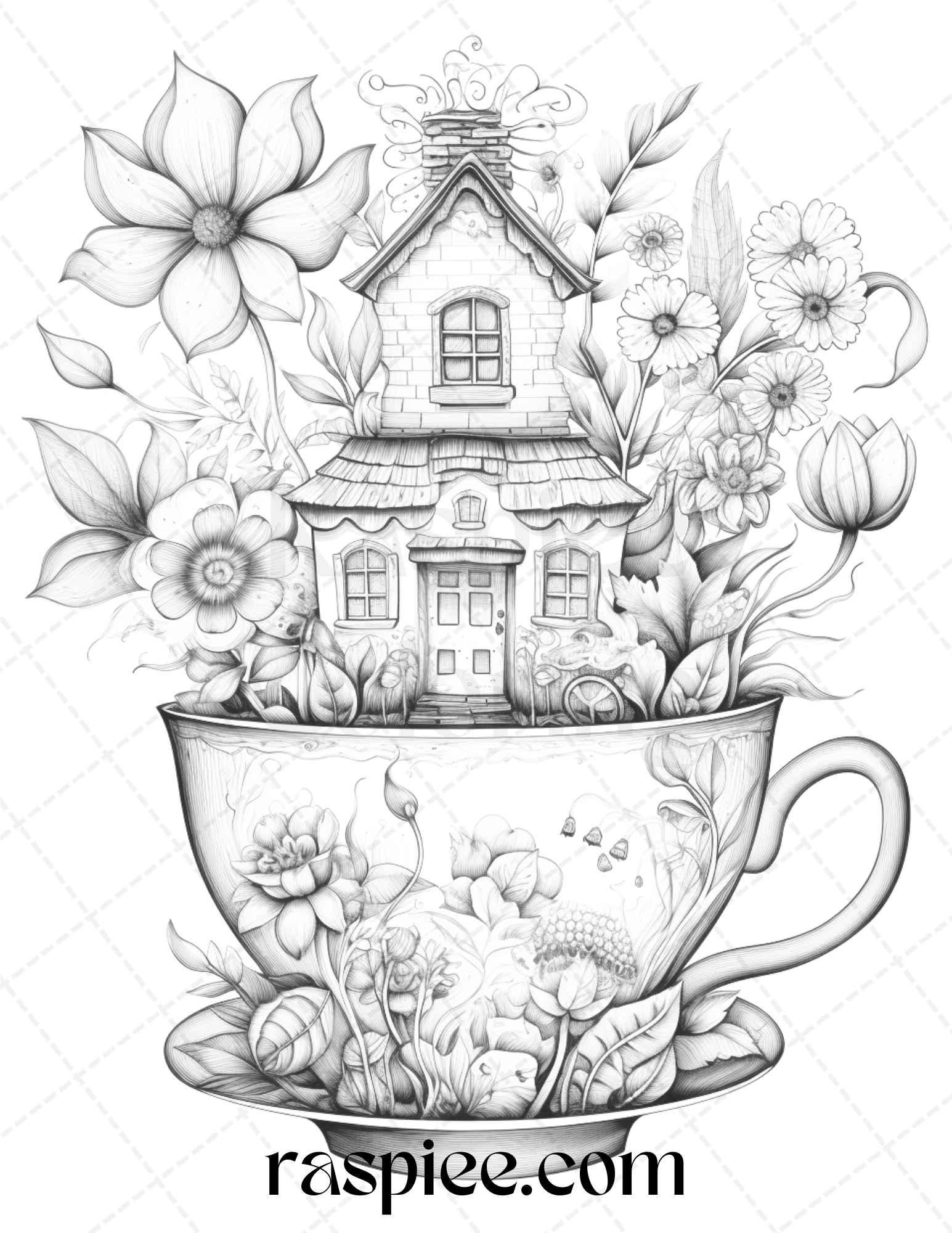 40 Flower Teacup Fairy Houses Grayscale Coloring Pages Printable for Adults, PDF File Instant Download