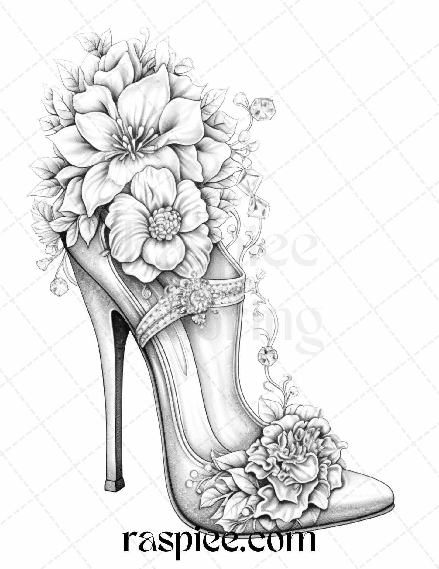 40 Flower Wedding Shoes Grayscale Coloring Pages Printable for Adults, PDF File Instant Download