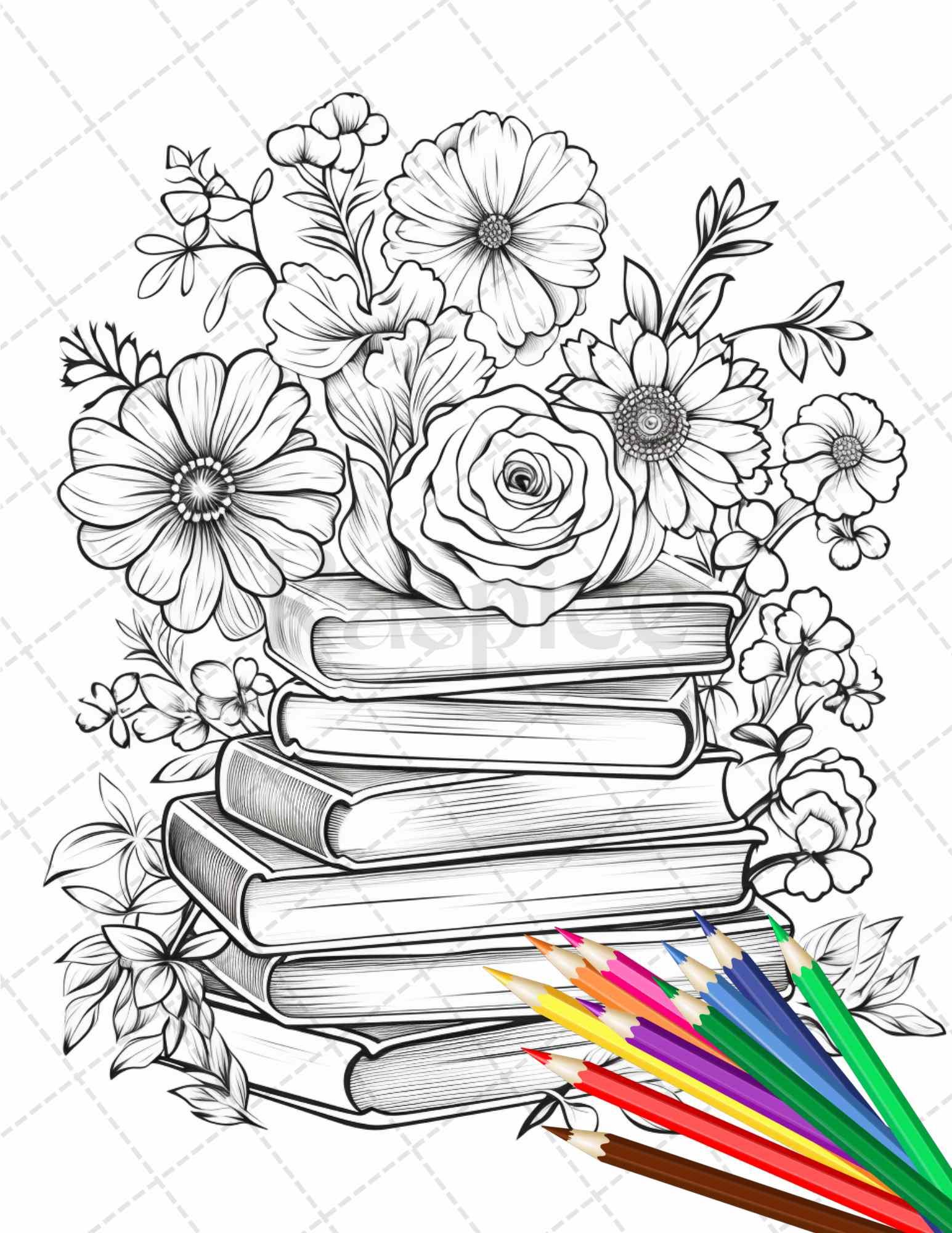 31 Book Flowers Coloring Pages Printable for Adults, Grayscale Coloring Page, PDF File Instant Download