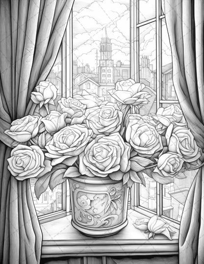 40 Captivating Roses Grayscale Coloring Pages Printable for Adults, PDF File Instant Download