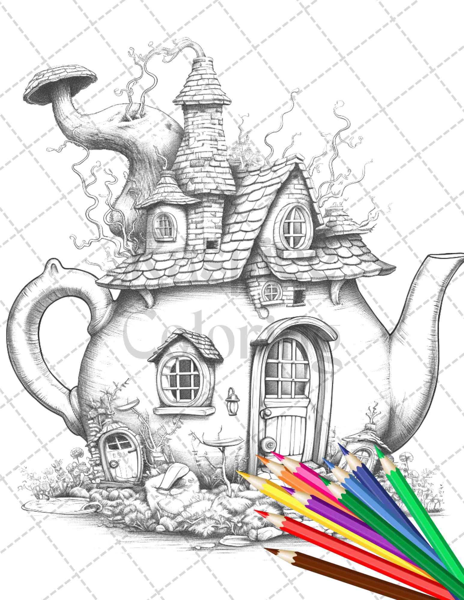 40 Teapot Fairy Houses Grayscale Coloring Pages Printable for Adults, PDF File Instant Download