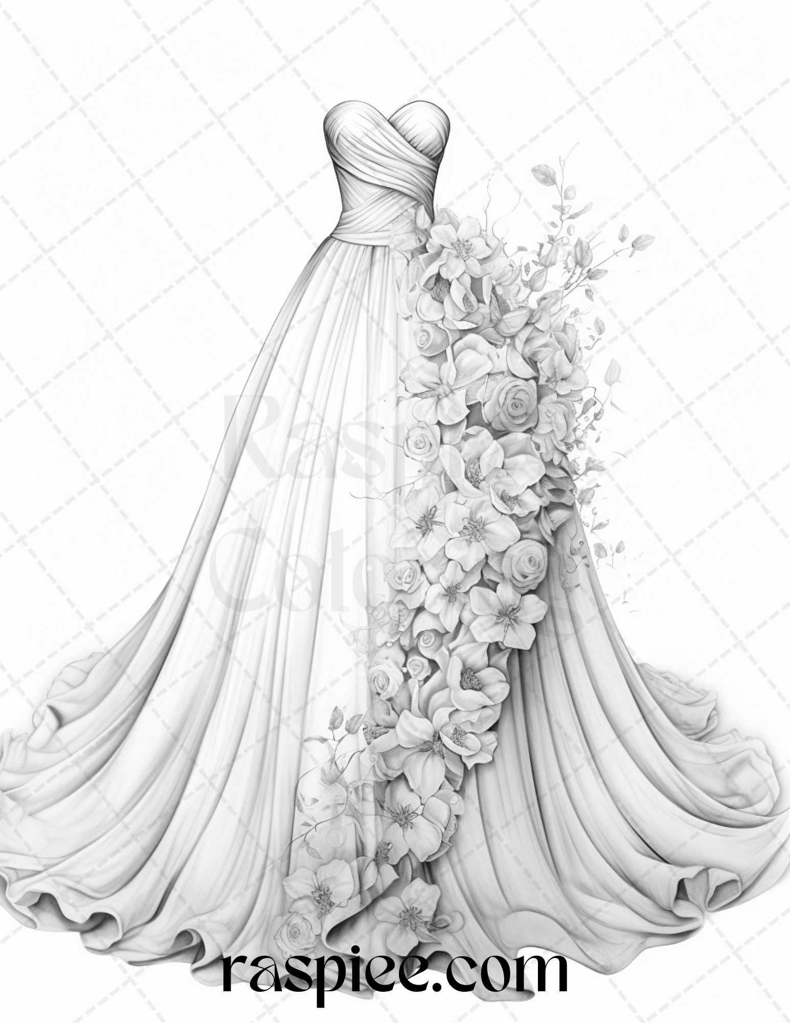 40 Elegant Floral Wedding Dresses Grayscale Coloring Pages Printable for Adults, PDF File Instant Download