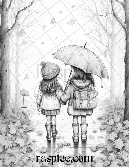 40 Rainy Autumn Day Grayscale Coloring Pages Printable for Adults and Kids, PDF File Instant Download