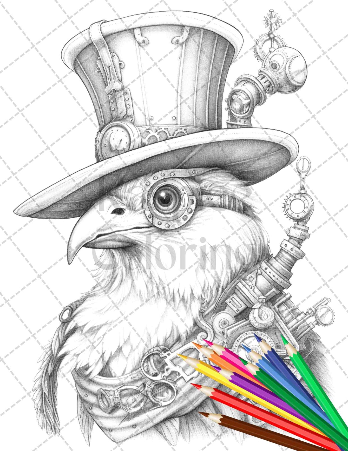 45 Steampunk Animals Grayscale Coloring Pages Printable for Adults Vol. 2, PDF File Instant Download