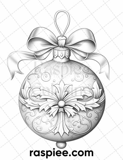 40 Christmas Balls Grayscale Coloring Pages Printable for Adults, PDF File Instant Download