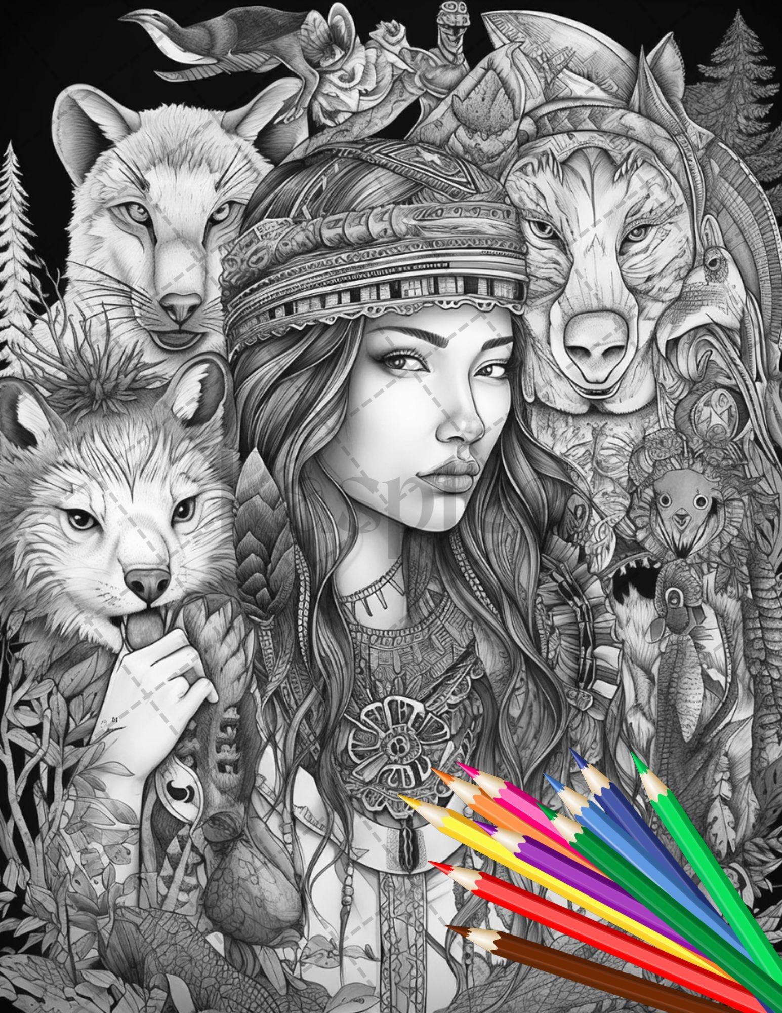 30 Native American Girls Printable Coloring Pages for Adult, Native American Culture Grayscale Coloring Book, Printable PDF File Download