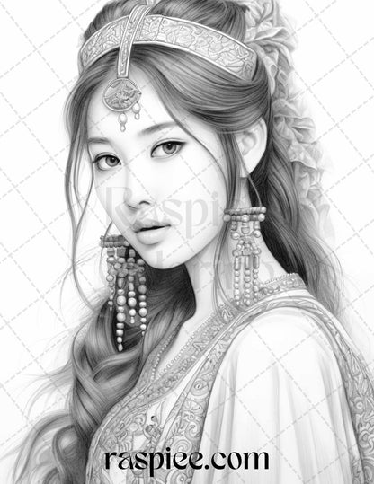 40 Beautiful Chinese Girls Grayscale Coloring Pages for Adults, Printable PDF File Instant Download