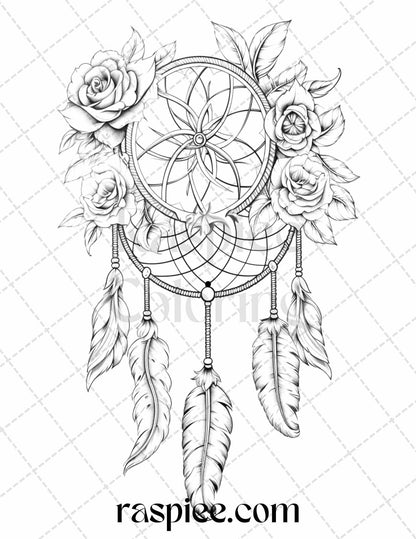 30 Flower Dreamcatcher Grayscale Coloring Pages Printable for Adults, PDF File Instant Download