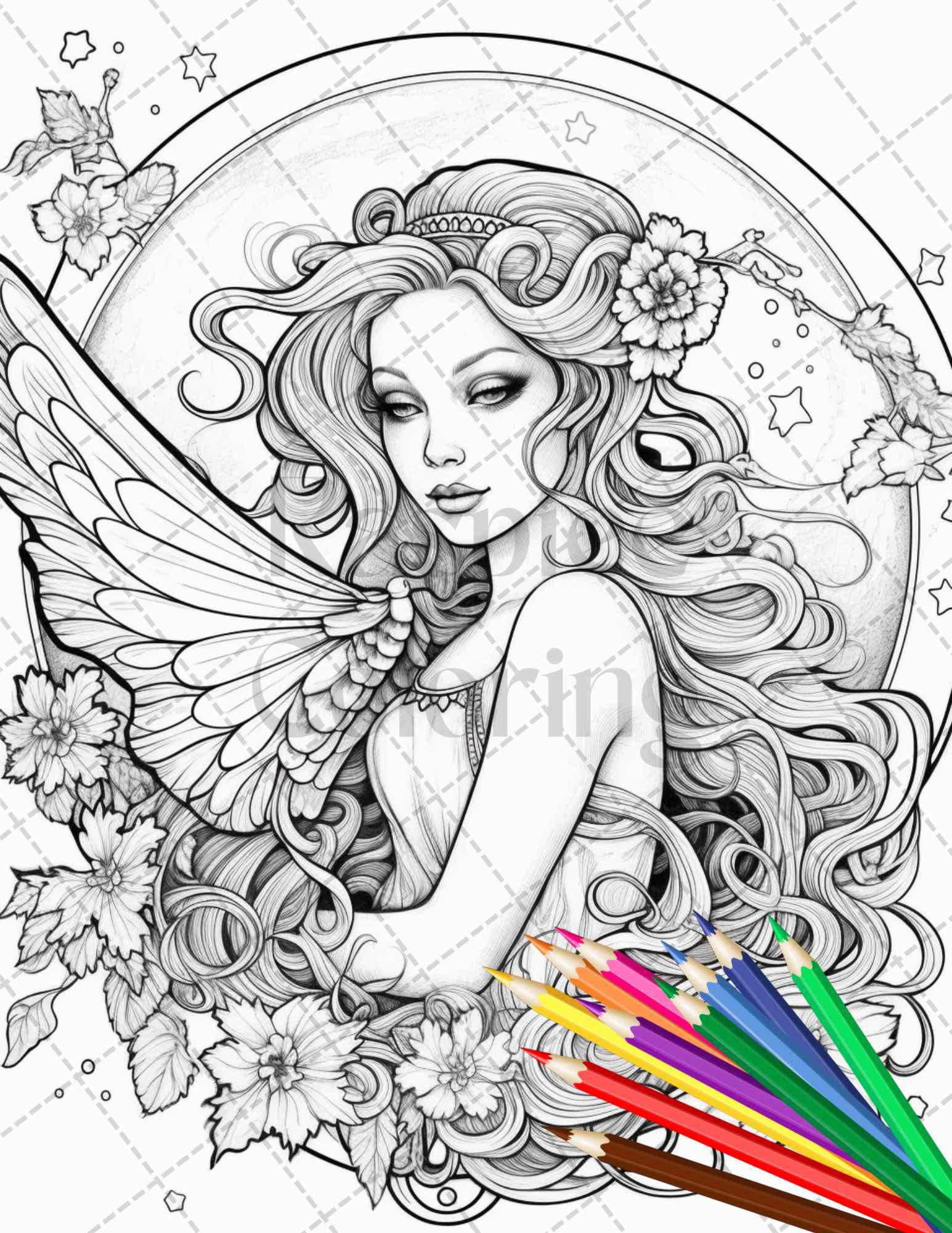 34 Beautiful Moon Fairies Grayscale Coloring Pages Printable for Adults, PDF File Instant Download