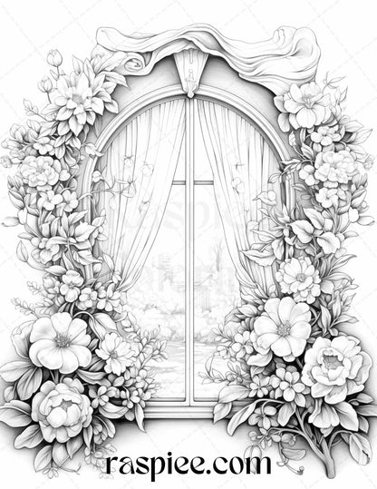 50 Blooming Windows Grayscale Coloring Pages Printable for Adults, PDF File Instant Download