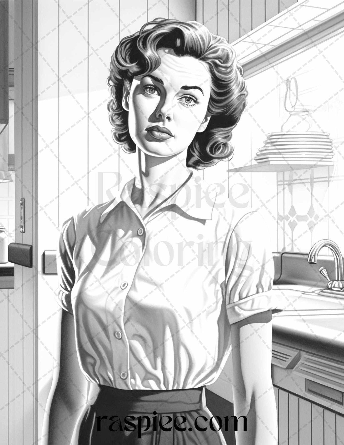 40 Retro Housewives Grayscale Coloring Pages for Adults, Printable PDF File Instant Download